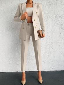 EURMUSE 纯棉双排扣大衣和长裤套装 - 杏色 - 查看 4