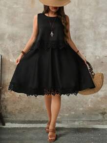 SHEIN LUNE Vestido de verano casual de talla grande de 2 piezas, de color liso, con cuello redondo, sin mangas, con encaje calado resistente al agua, cintura elástica y forro, de longitud a la rodilla, estilo popular de uso cotidiano y vacacional