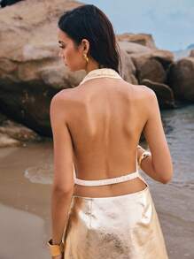 Poéselle Summer Sexy Sequin Halter Backless Cami Top - Apricot - View 3