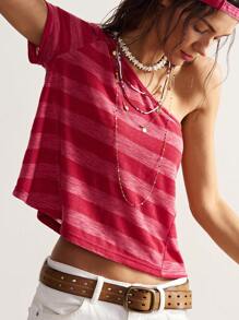 SHEIN BohoFeels 女士夏季波西米亚风母亲节独立日复古条纹露肩休闲纯色针织单肩水洗棉衬衫 - 杏色 - 查看 1