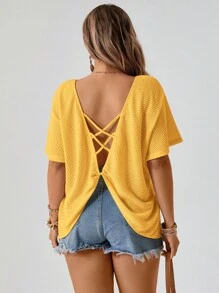 SHEIN VCAY Plus Size Minimalist Solid Color Waffle Pattern Backless T-Shirt - Yellow - View 3
