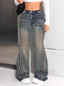 SHEIN Pantaloni di jeans neri con lavaggio stonewash, a zampa d'elefante, alla moda nello stile Y2K, con orlo sfilacciato laterale, per ragazze adolescenti