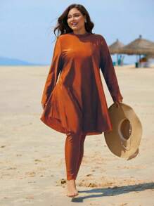 Swim Mulvari Plus Size Women Long Sleeve Solid Color Split Tankini For Summer Beach Vacation - Coffee Brown - View 5