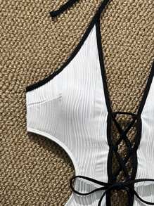 Swim SXY Women's Casual Vacation Beach Halter Sexy Black & White One Piece Swimsuit For Summer