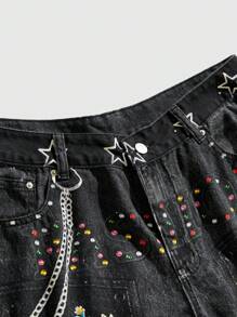 ROMWE MEN Street Life 男士花卉链条印花牛仔短裤 - 黑色 - 查看 3