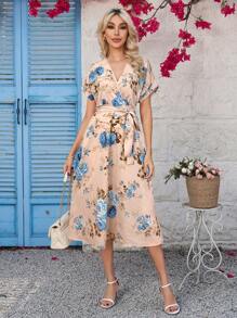 Ellevyn 花卉印花 V 领短袖系带腰 A 字长裙女士夏季服装女士度假服装女士浪漫连衣裙女士夏季连衣裙夏季服装女士夏季连衣裙度假服装女士茶会连衣裙度假服装女士夏季连衣裙