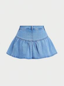 SHEIN MOD Women's Button Front Ruffle Hem Fashionable Denim Skorts - Army Green - View 2