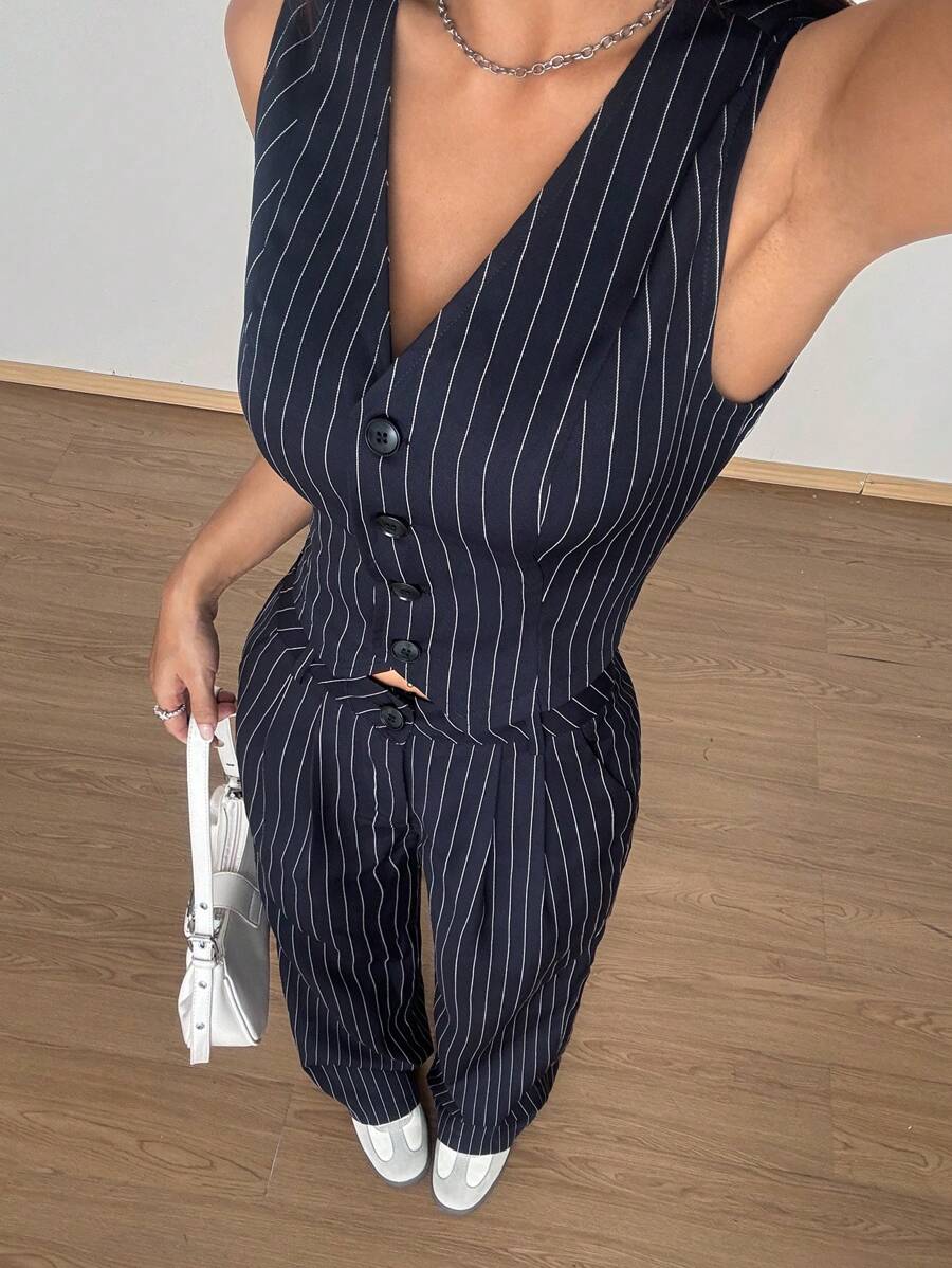 Flirla Petite 女式两件套服装：条纹 V 领可调节腰部短款上衣和宽松直筒休闲裤套装，春夏