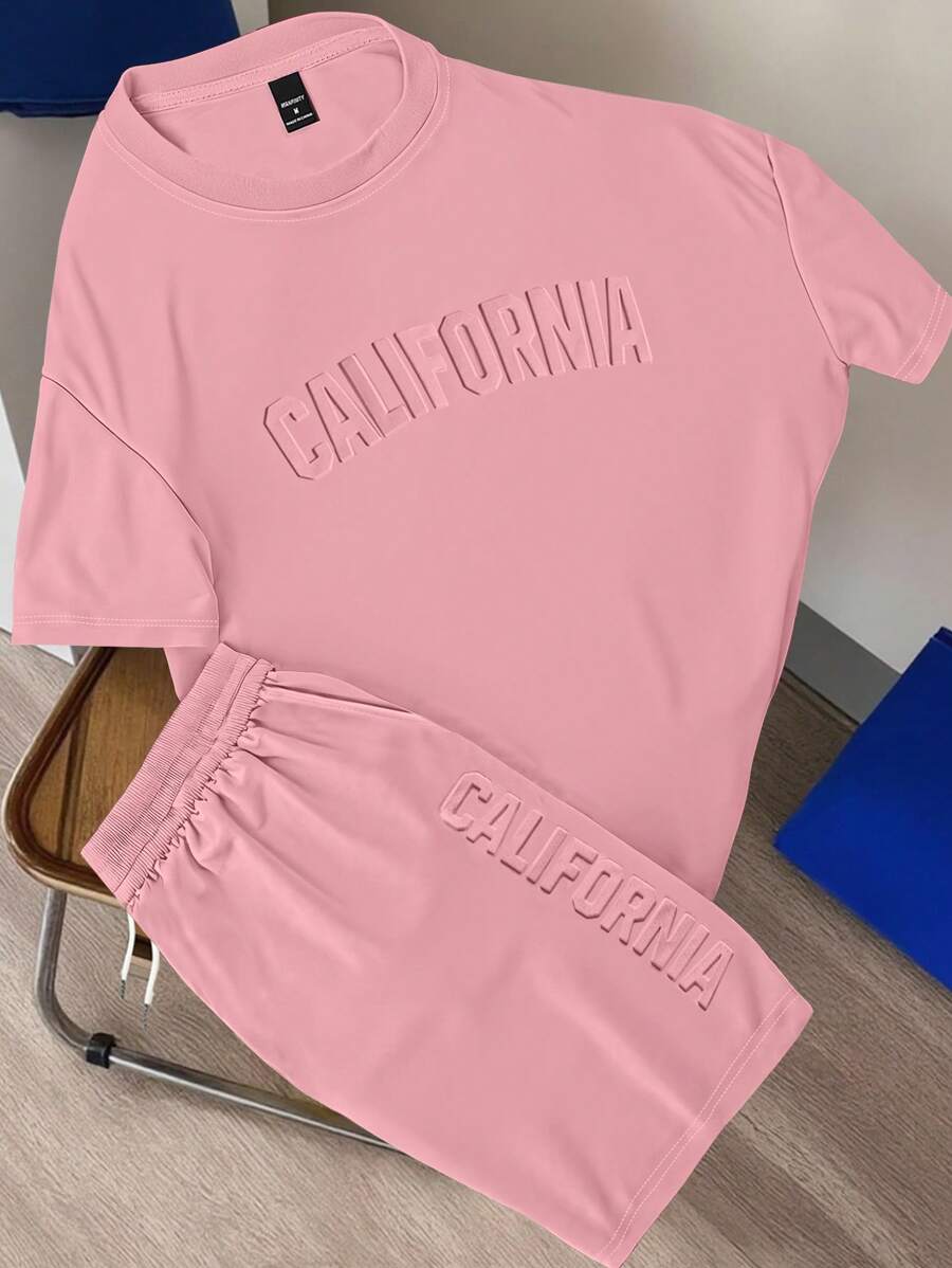 Claim Dot Herren Set aus Rundhals Kurzarm Lässig T-Shirt mit Buchstaben-Muster und Shorts mit Kordelzug, gemütliche Outfits - Pink - Übersicht 1