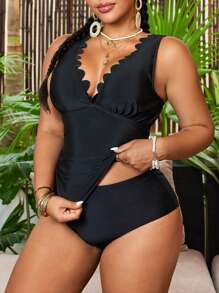 Swim Lushoire 大码女式两件套泳衣，可拆卸衬垫大 V 领花卉蕾丝花边，褶皱胸侧上衣，镂空后背可调节肩带，高腰经典三角形下装，休闲时尚沙滩装 - 黑色 - 查看 6