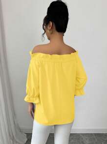 Elenzga New Design Frill Trim Bowknot Women Blouse, Yellow Top - Yellow - View 2