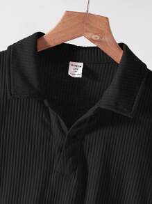 Tween Boy Casual Korean Style Simple Textured Fabric Polo Collar Short Sleeve T-Shirt, Suitable For Commuting, School, Daily Leisure, Sports, Spring/Summer - Black - View 5