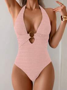 Swim Chiccia 1 bộ đồ bơi liền thân vải kết cấu cổ chữ V sâu cho nữ, mùa hè - Hồng - Xem 5