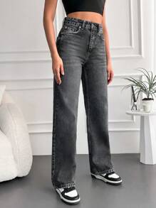 EURMUSE 100%Cotton Slant Pocket Solid Straight Leg Jeans - Dark Grey - View 4