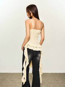 INAWLY Camiseta de mujer de unicolor con adorno floral 3D y bajo con volantes elegante - Amarillo - Ver 9