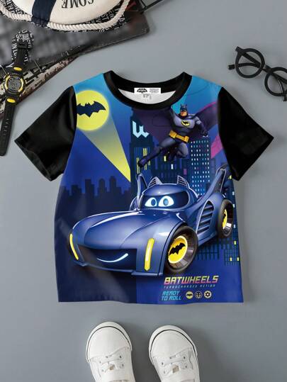 Batwheels X SHEIN 小男孩卡通图案拼色圆领短袖T恤