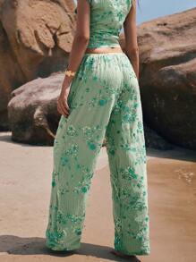 Poéselle Sequin Embroidered Wide Leg Pants – High Waist Drawstring Boho Beach Trousers For Summer,Wide Leg Pants, Beach Pants, Embroidered Trousers, Boho Pants, Summer Pants Women, Flowy Pants, Y2k Fashion, Vacation Outfits Women Sage Green Dress - Green - View 2