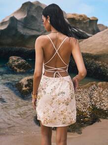 Poéselle 女士花卉亮片深 V 领细肩带迷你连衣裙 - 杏色 - 查看 7