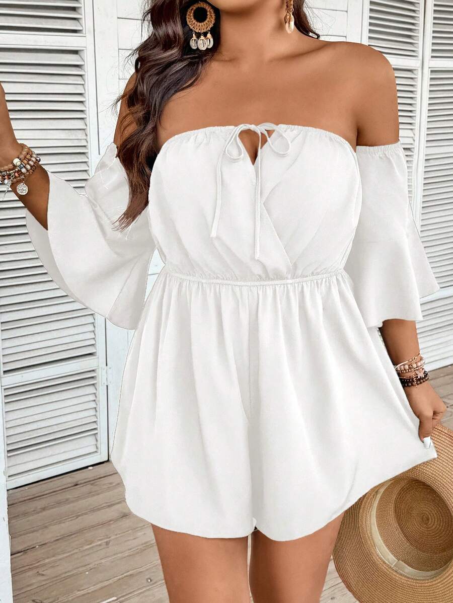 SHEIN VCAY 夏季大码优雅露肩长袖连体裤 - 白色 - 查看 1