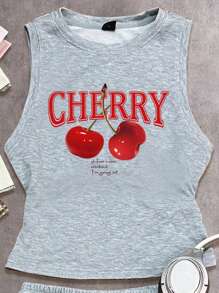 SHEIN EZwear 2 件套休闲简约红色樱桃图案女式运动服、无袖短款上衣和运动裤，适合夏季、度假 - 灰色 - 查看 3