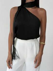 Firerie 露肩单肩纯色缎面绿色缎面通勤衬衫，情人节、婚礼季、圣帕特里克节、春夏季新品 - 黑色 - 查看 7