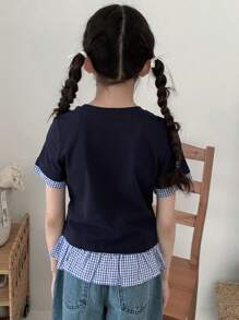 DAZY Tween Girl Tween Girls Round Neck Knit Plaid Splicing Short Sleeve T-Shirt, Summer,Back To School Clothes - Navy Blue - View 3