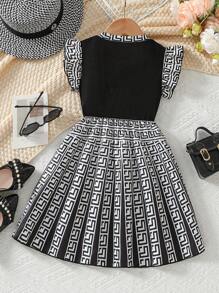 年轻女孩经典花卉印花盖袖连衣裙，优雅时尚休闲户外礼品装，春夏季 - 黑與白 - 查看 2