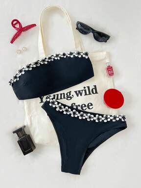 Swim Vcay Women's Summer Beach Decal Embellished Bandeau Sexy Bikini Swimsuit Set