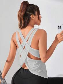 SHEIN Sports Áo ba lỗ thể thao lưng chéo màu trơn cho nữ - Xám - Xem 3