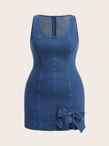 SHEIN ICON Abito in denim casual estivo con fiocco decorativo, senza maniche, aderente, per taglie forti