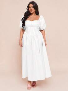 SHEIN BAE 女士大码服装 婚纱 伴娘服 迷你裙 派对服 约会服 节日服 大码女装夏季 大码女装夏季甜美泡泡袖罩杯细节蓬松长款连衣裙，女士夏季连衣裙，长裙 - 白色 - 查看 5