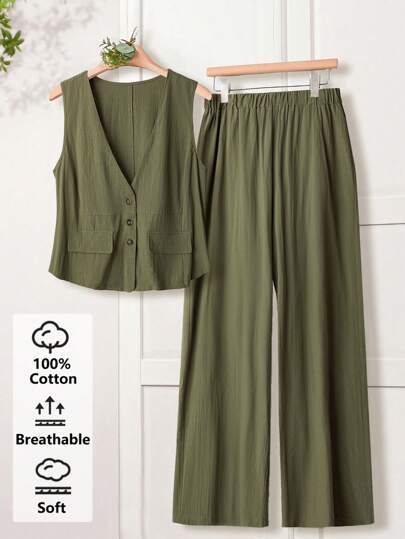 EMERY ROSE Set de 2 piezas chaqueta casual de color verde militar y pantalones rectos para tallas grandes, para primavera y verano