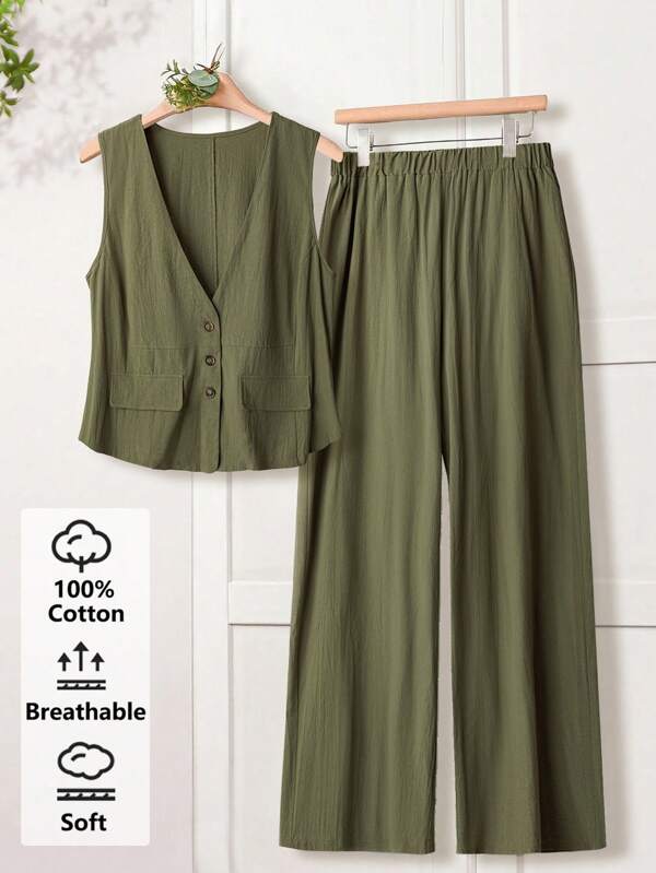 EMERY ROSE Set de 2 piezas chaqueta casual de color verde militar y pantalones rectos para tallas grandes, para primavera y verano