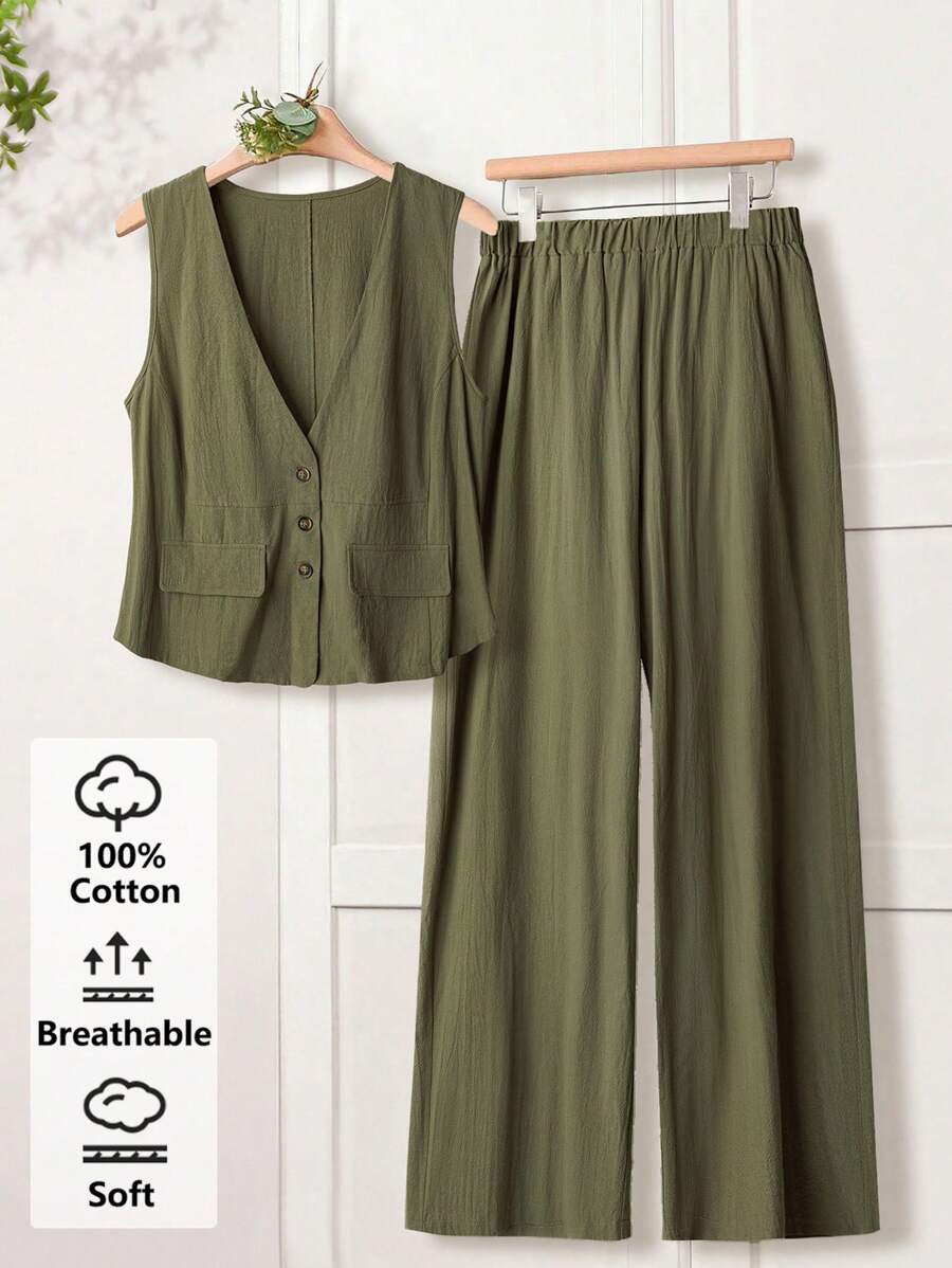 EMERY ROSE Bộ 2 áo khoác xanh quân đội cỡ lớn thường ngày và quần ống đứng, mùa xuân và mùa hè - xanh quân đội - Xem 1