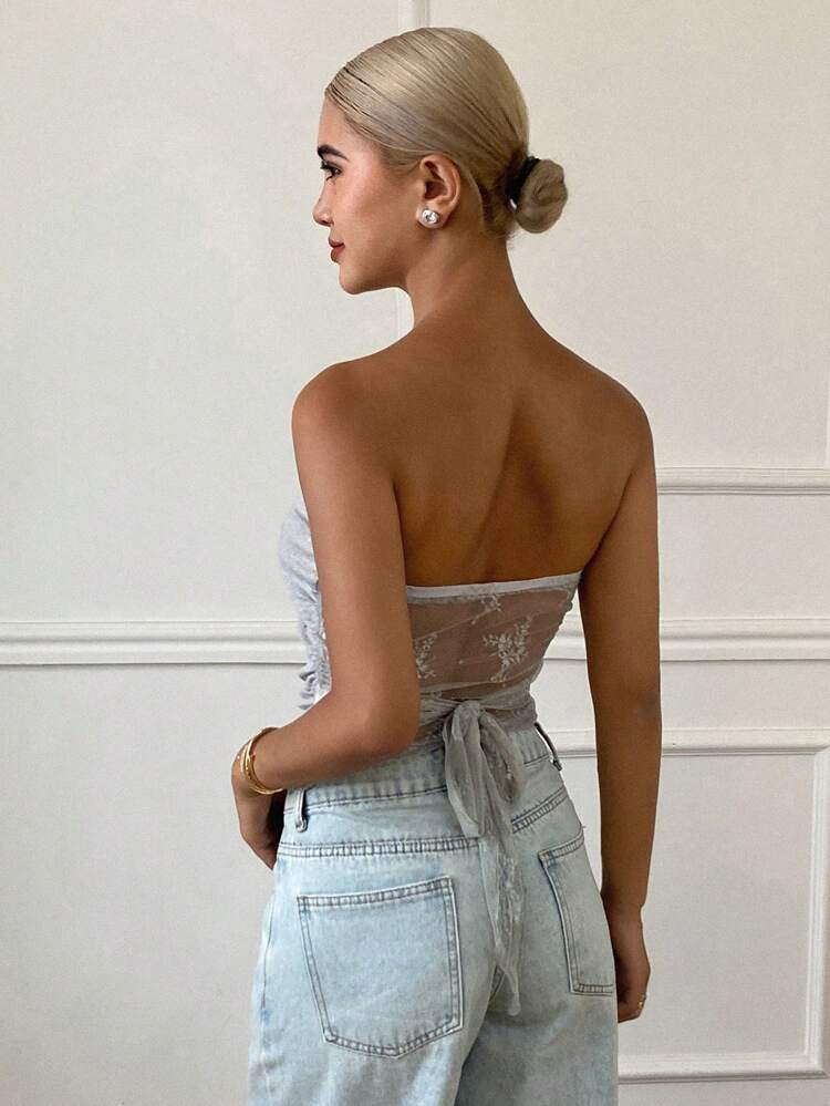 Women's Sequin Embellished Bandeau Lace Tie-Up Summer Vacation Blouse Going Out Tops Tube Top