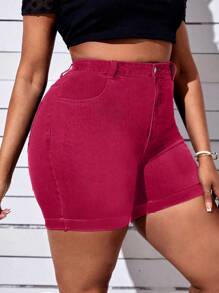 SHEIN SXY Damen Große Größen Denimshorts mit umgeschlagenem Saum, vielseitig einsetzbar, mit Taschen - Pink - Übersicht 3