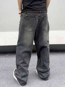 Manfinity EMRG 男士破洞直筒牛仔裤，纯色深色牛仔裤，长款宽松深灰色洗水工装牛仔裤，适合送给老公、男朋友的礼物，适合外出聚会、通勤、街头、都市、emo 风格 - 黑色 - 查看 2