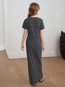 SHEIN Vestido largo maxi con cuello en V, de punto, a rayas, de ajuste ceñido, estilo casual elegante para niña preadolescente, apto para primavera/verano, vuelta al colegio, a juego con mamá - Negro - Ver 6