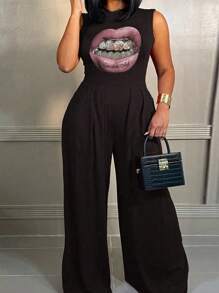 Maweii Plus Size Women's Comfortable Casual Jumpsuit With Rhinestone Lip Print - Multicolor - View 1