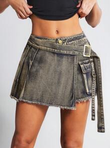 SHEIN Tall 女士做旧牛仔裹身工装短裤 - 藍色 - 查看 5