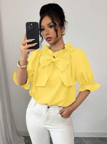 Elenzga New Design Frill Trim Bowknot Women Blouse, Yellow Top - Yellow - View 3