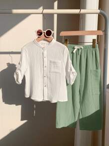 Set di maglietta a maniche corte con tessuto effetto e pantaloni più lunghi con tasche, adatto per i ragazzi, per l'uso quotidiano, commuting, scuola, vacanze, sport, primavera/estate