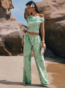 Poéselle Sequin Embroidered Wide Leg Pants – High Waist Drawstring Boho Beach Trousers For Summer,Wide Leg Pants, Beach Pants, Embroidered Trousers, Boho Pants, Summer Pants Women, Flowy Pants, Y2k Fashion, Vacation Outfits Women Sage Green Dress - Green - View 7