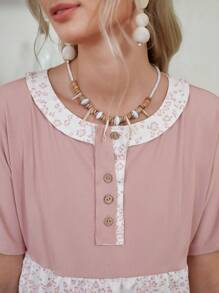 LanaWest Vacation Bohemian Vintage Ditsy Floral Patchwork Short Sleeve T-Shirt For Women - Pink - View 4