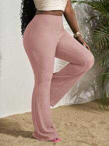 Slaydiva Nuevos pantalones acampanados de tela texturizada, de cintura alta y pierna ancha, para primavera/verano - Rosa - Ver 4