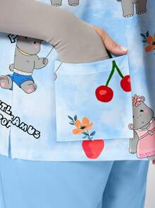 Plus Size Women Letter & Cartoon Print V-Neck Short Sleeve Pocket Nursing Scrubs Top - Blue - View 9
