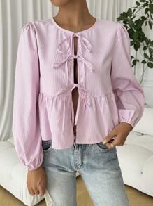 SHEIN Tall CURVE 大码女式条纹前系带灯笼袖荷叶边下摆衬衫 - 粉色 - 查看 4