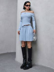 SHEIN Cottnline Two-Piece Ribbed Knit Sweater Set With Off-Shoulder Long-Sleeve Top And Pleated Mini Skirt - Baby Blue - View 3
