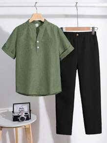 SHEIN Leap Crew 青少年男孩纯色短袖衬衫和裤子两件套，休闲