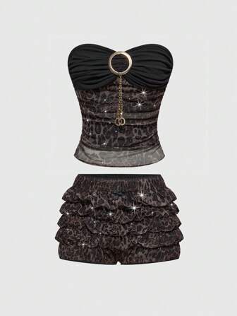 Grunge Punk Summer Music Festival Wild Chic Retro Leopard Print Rhinestone Metal Chain Choker Crop Top & Super Low-Waist Ruffle Leopard Short 2Pc Set